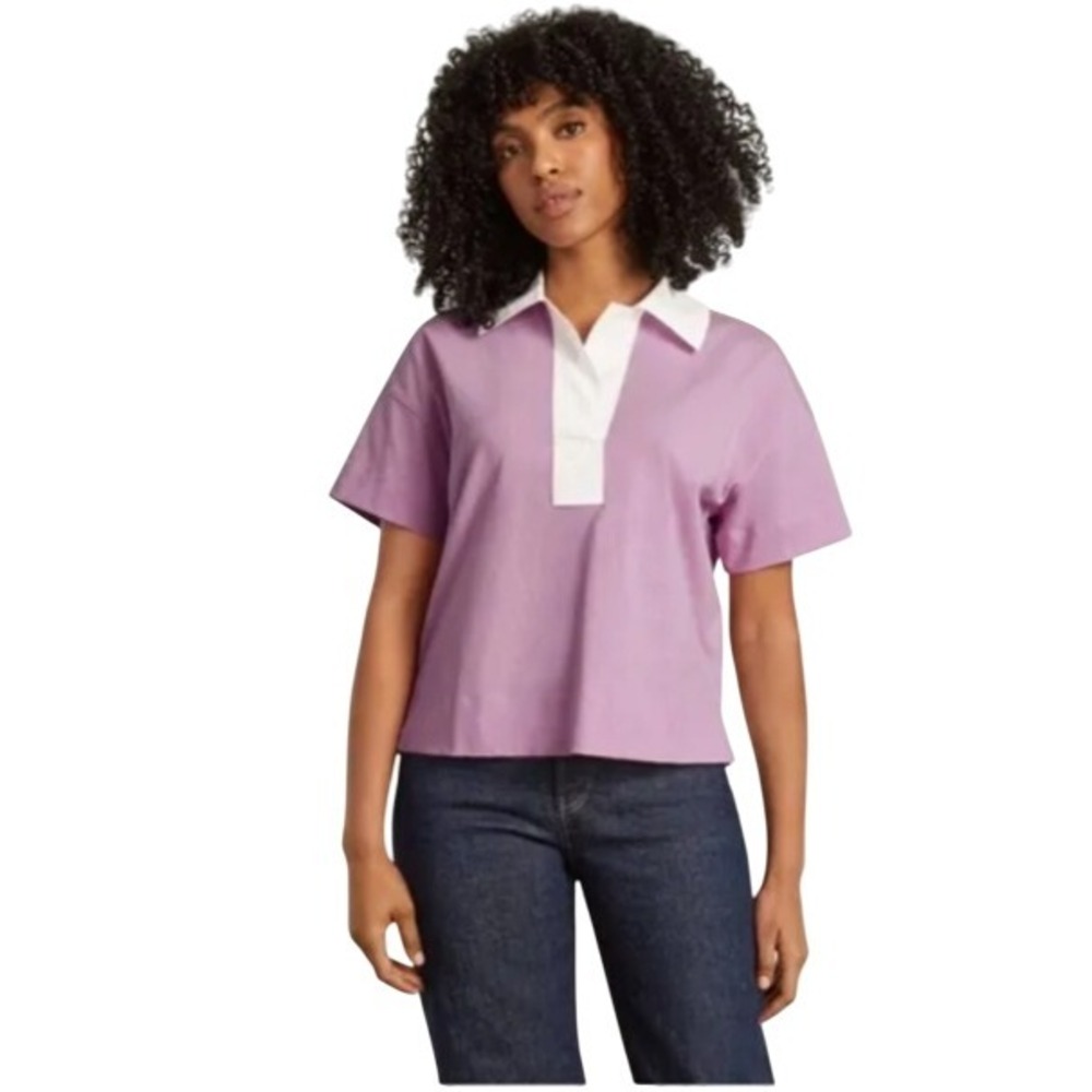 EVERLANE Organic Cotton Polo Shirt Lavender White Retro Inspired XS NWT $59